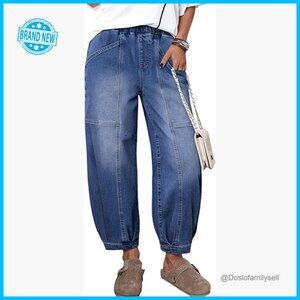 Wide Leg Barrel Jeans High Waisted Cropped Relaxed Fit Stretch Denim Pants